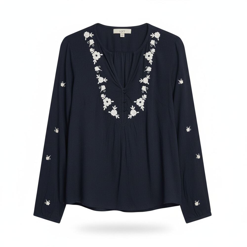 Ann Taylor Loft Medium Long Sleeve Blouse – Navy Blue with Floral Embroidery